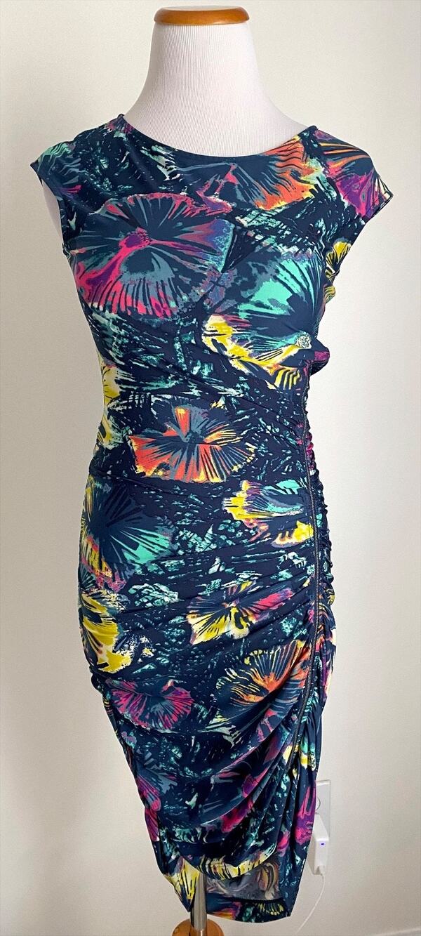 BCBGMaxazria Cap Sleeve Color Burst Stretch Dress w/ Ruching & Side Zipper, XXS